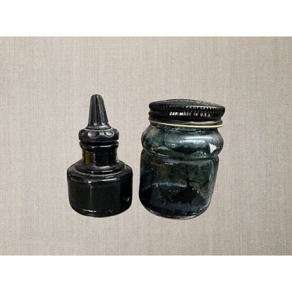 Set of 2 Vintage Glass Writing Fluid Bottles | Antique Desk Decor | Collectible - Picture 3 of 6